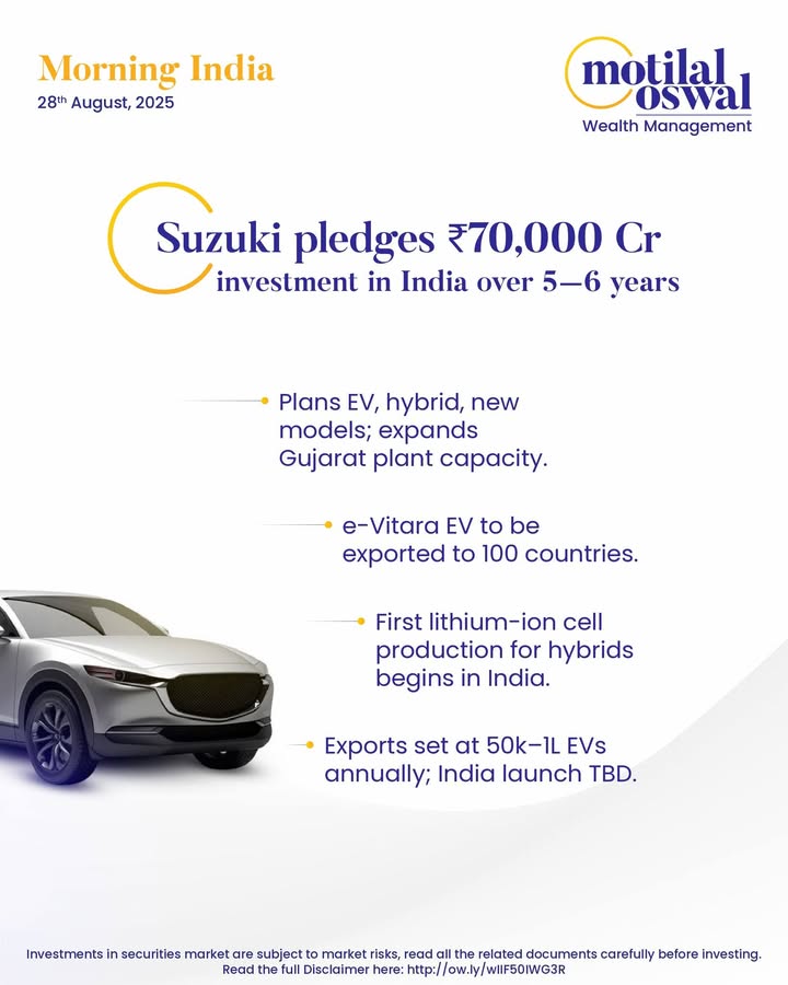 MorningIndia Your daily News tracker Suzuki pledges 70,000 Cr investment in India over 5 6 years OIL B...