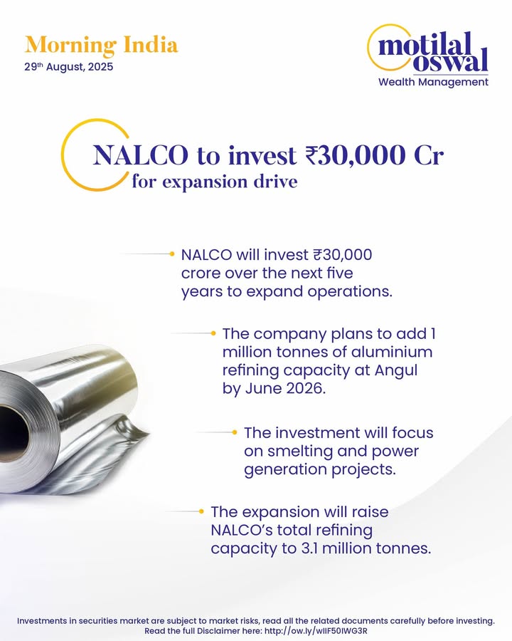  MorningIndia Your daily News tracker NALCO to invest 30,000 Cr for expansion drive Groww parent Billionbra...