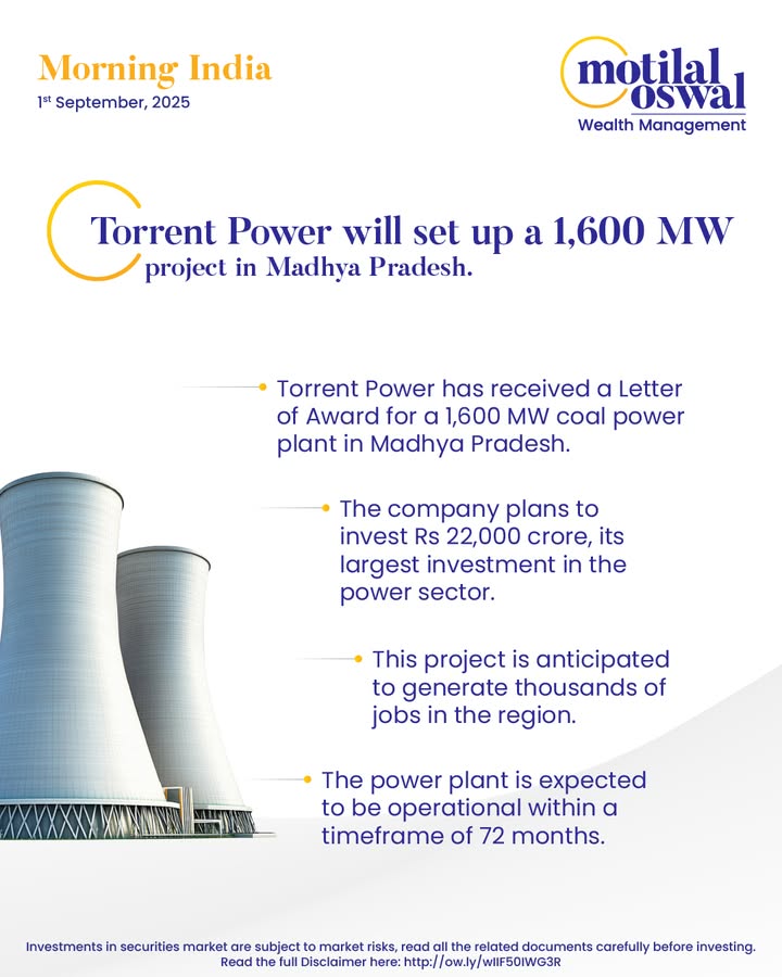  MorningIndia Your daily News tracker Torrent Power will set up a 1,600 MW project in Madhya Pradesh BHEL si...