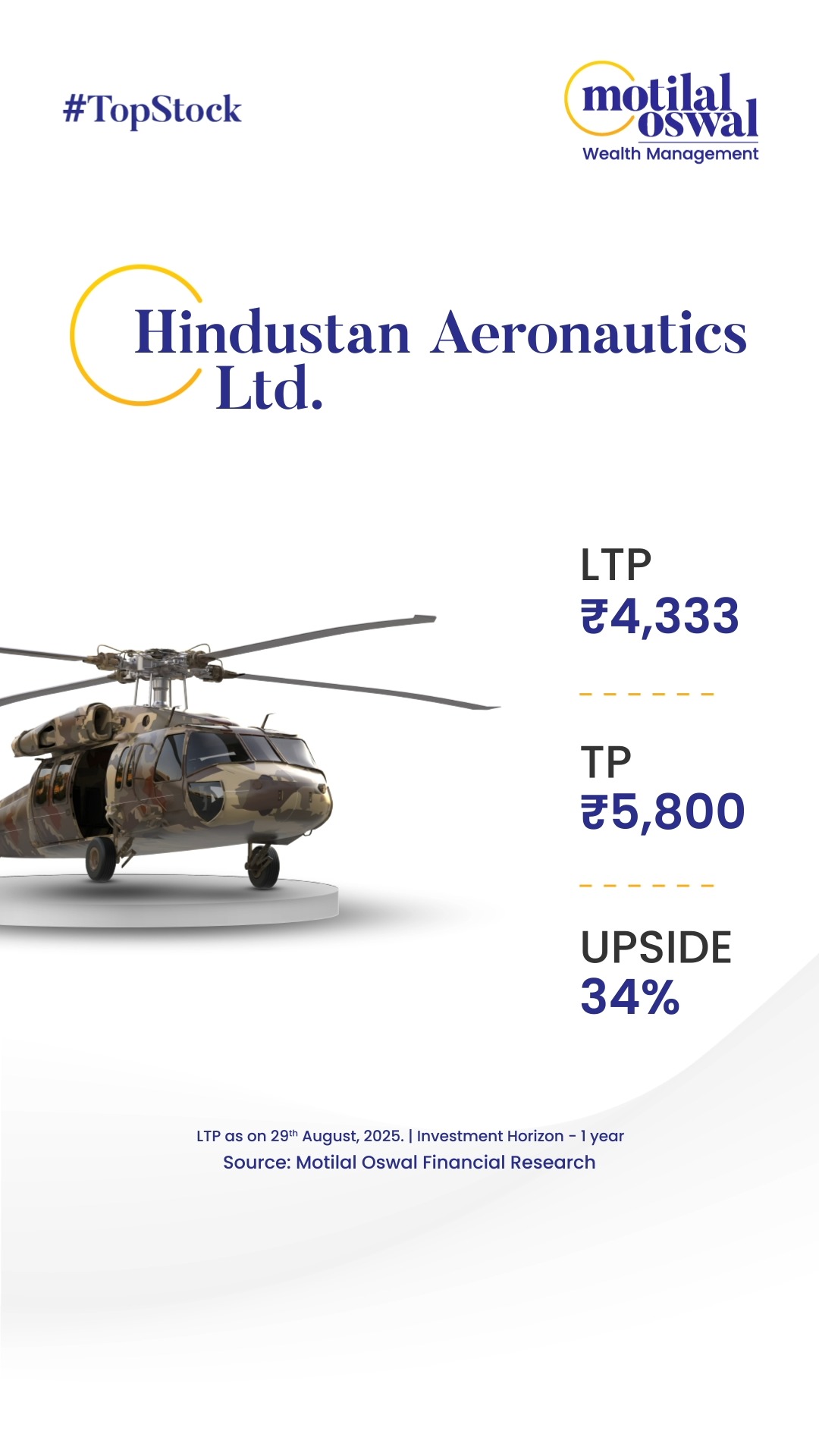 Hindustan Aeronautics Ltd. has a target price of 5,800 with a potential upside of 34 Disclaimer http ow