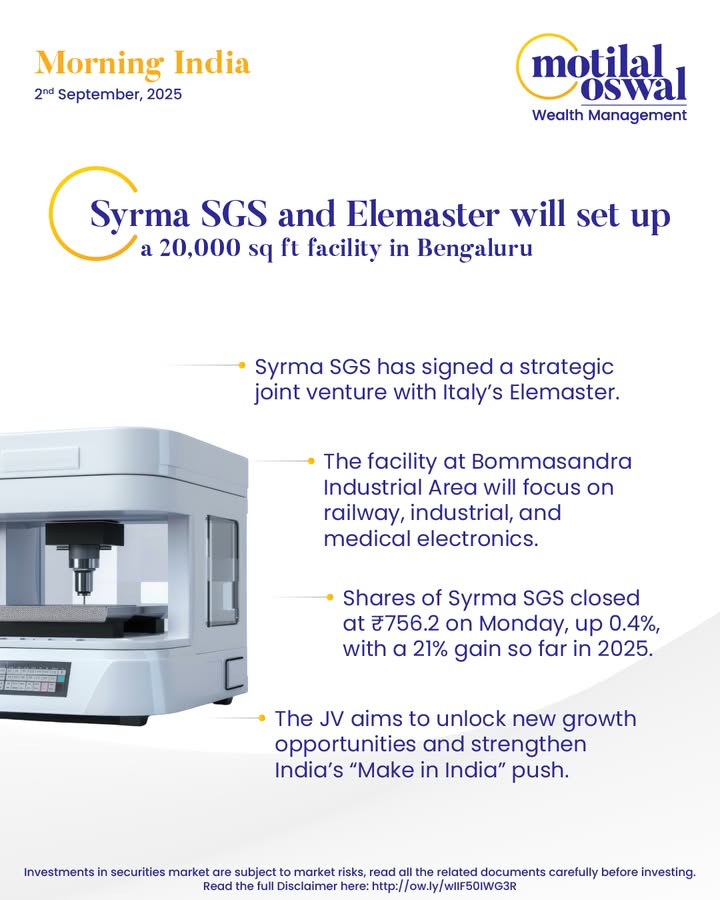  MorningIndia Your daily News tracker Syrma SGS and Elemaster will set up a 20,000 sq ft facility in Bengaluru ...