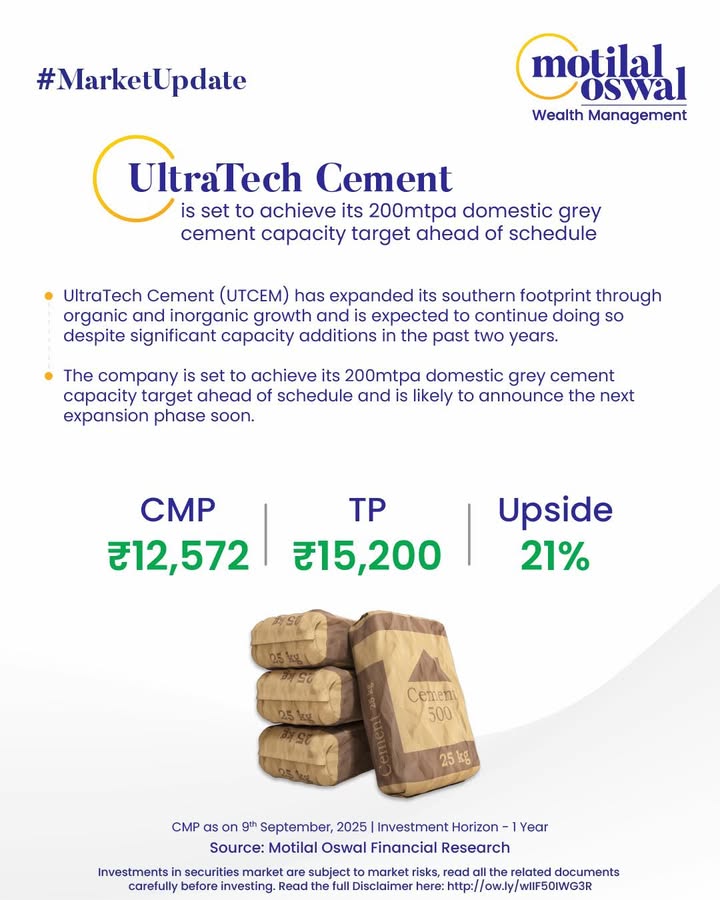  MarketUpdate UltraTech Cement set for sustainable growth UltraTech Cement UTCEM has expanded its southern footprint thro...