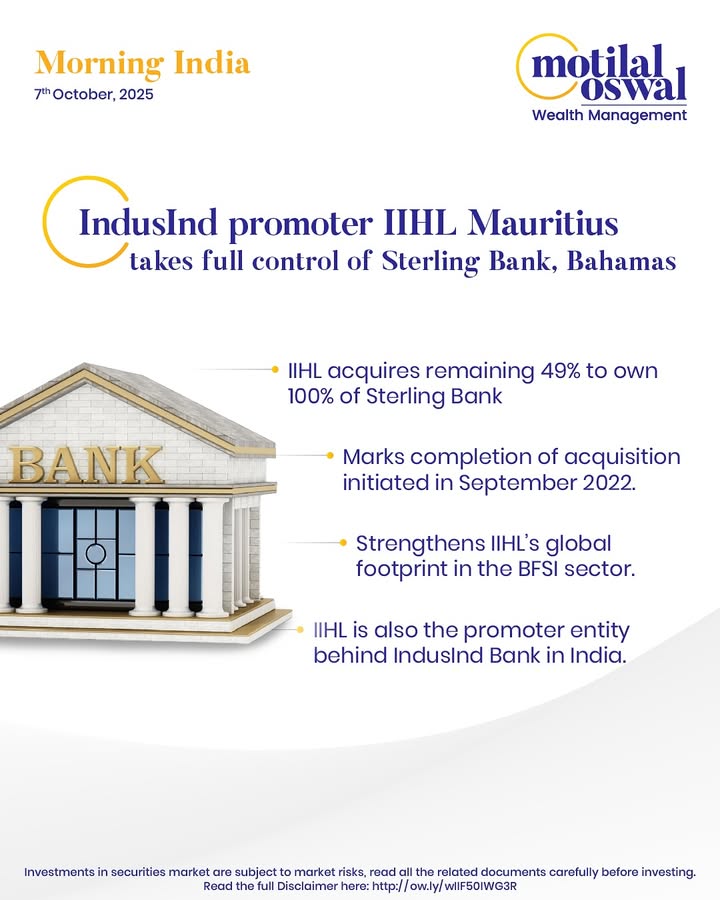  MorningIndia Your daily News tracker IndusInd promoter IIHL Mauritius takes full control of Sterling Bank, Bah...