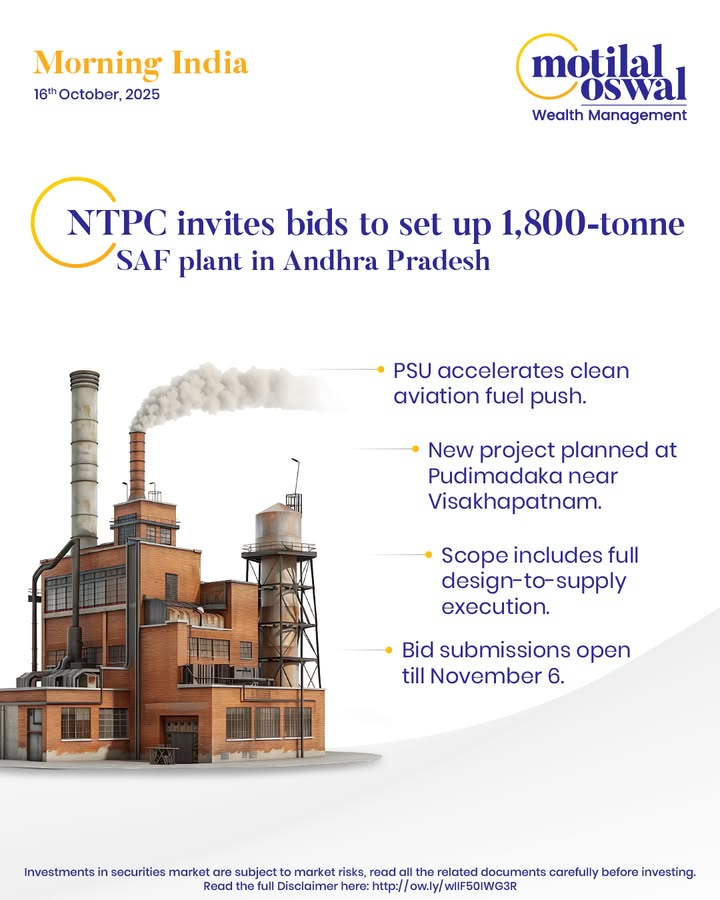  MorningIndia Your daily News tracker NTPC invites bids to set up 1,800 tonne SAF plant in Andhra Pradesh G...