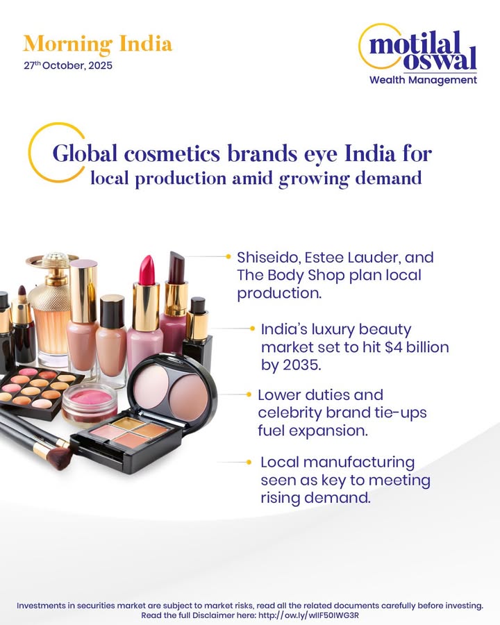  MorningIndia Your daily News tracker Global cosmetics brands eye India for local production amid growing demand...