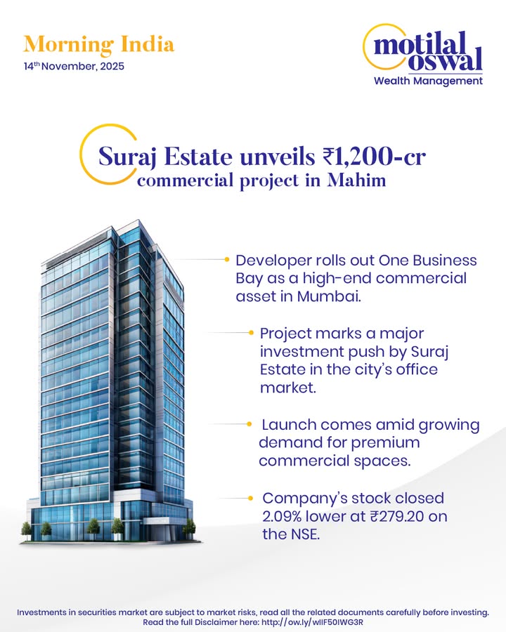  MorningIndia Your daily News tracker Suraj Estate unveils 1,200 cr commercial project in Mahim ReNew to...