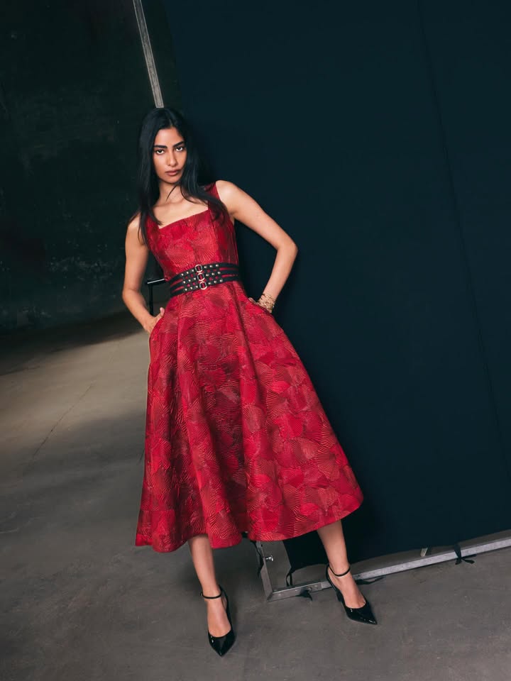 Introducing Summer Knit Couture Spring Summer 26 A striking evening statement, this scarlet midi dress is crafted in text...