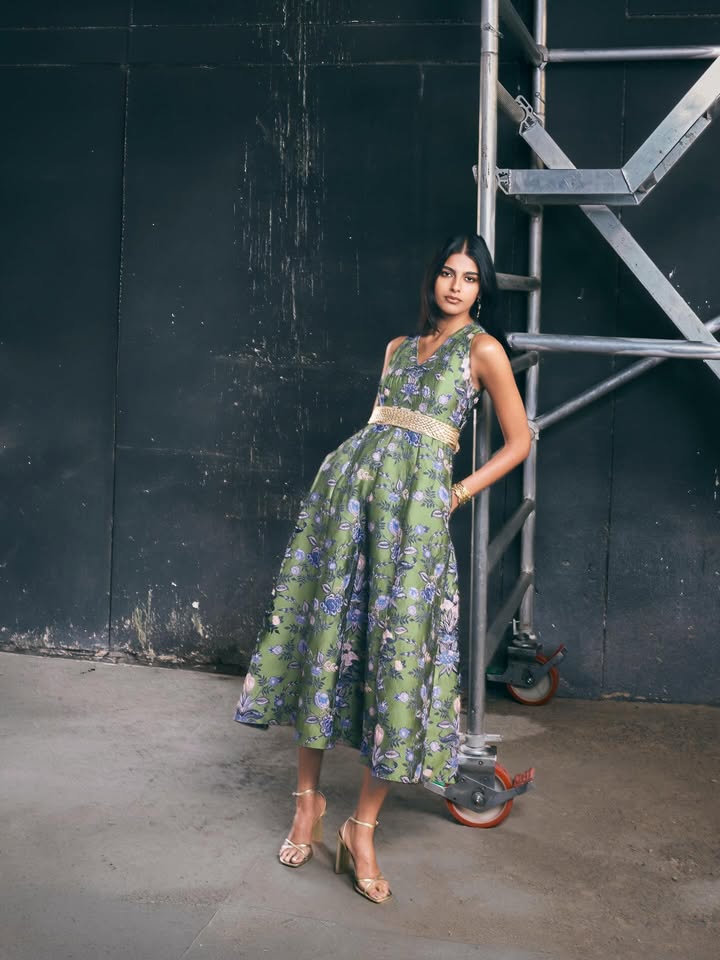 Introducing Summer Knit Couture Spring Summer 26 A graceful seasonal staple, this olive floral midi dress is tailored wit...