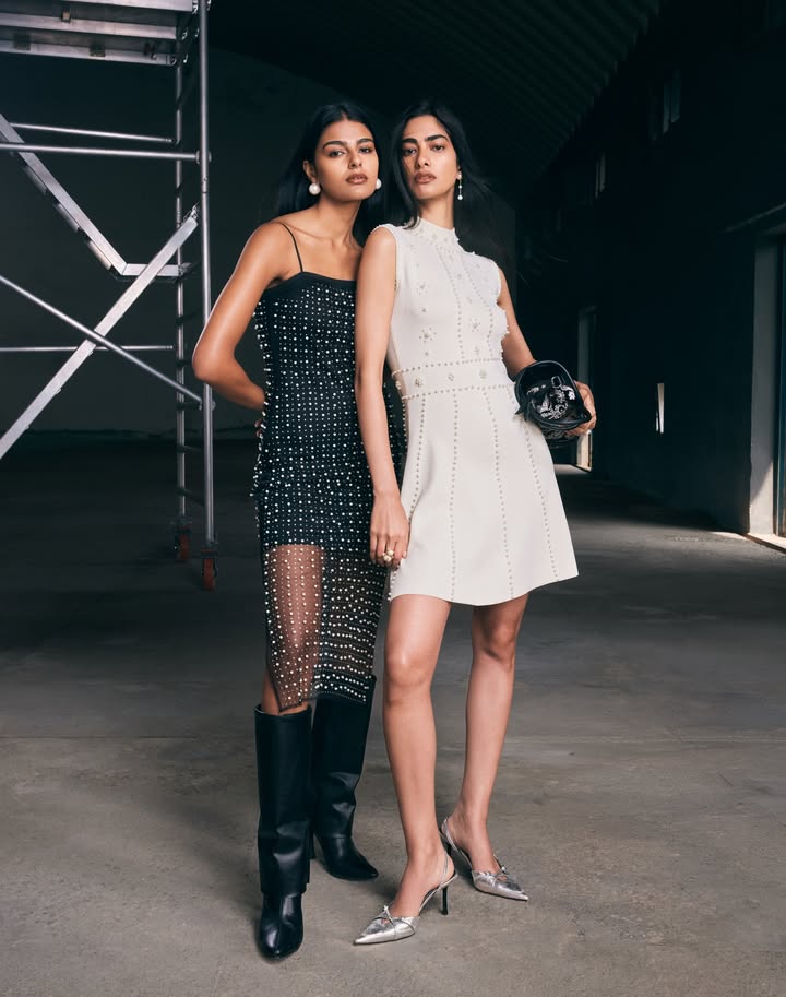 One plays with shimmer, the other with structure both made for the spotlight