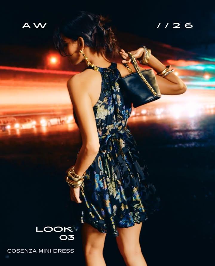 LOOK 3 The Cosenza Mini Dress pairs a halter neckline with rich floral jacquard, bringing a fresh edge to occasion dressing