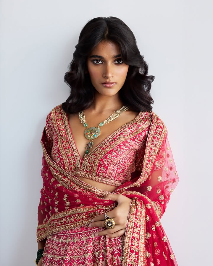 Scarlet hued lehengas in our summer collection are perfect for marking new beginnings