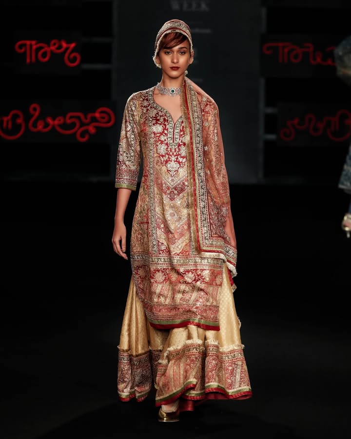 A silk satin and brocade kurta and gharara set