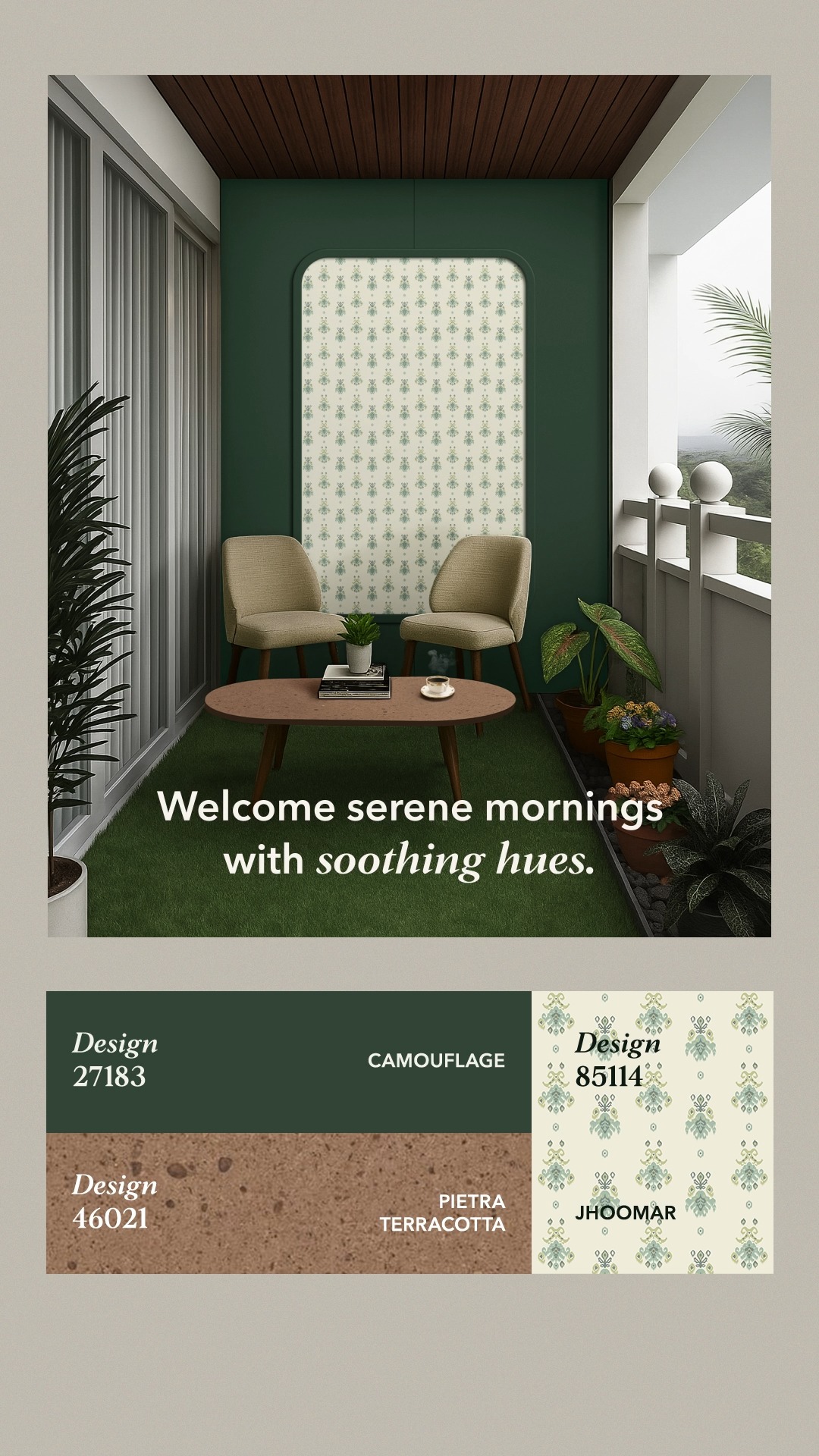 Infuse your home with monsoon inspired vibrance, where cool greens and earthy browns create a refreshing retreat indoors