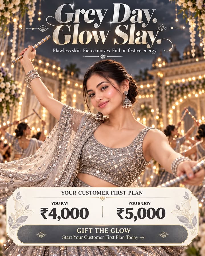  GREY DAY, GLOW SLAY Grey is the colour, but your glow steals the show Dandiya moves, dazzling looks ...