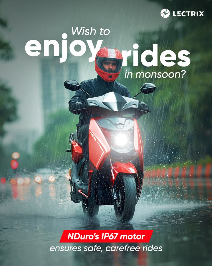 Dont park your plans this monsoon because NDuros IP67 motor is here to keep every ride smooth. For more information, please contact us at 81300 10331 or visit our website https www.lectrixev Dont park your plans this monsoon because NDuros IP67 motor is here to keep every ride smooth