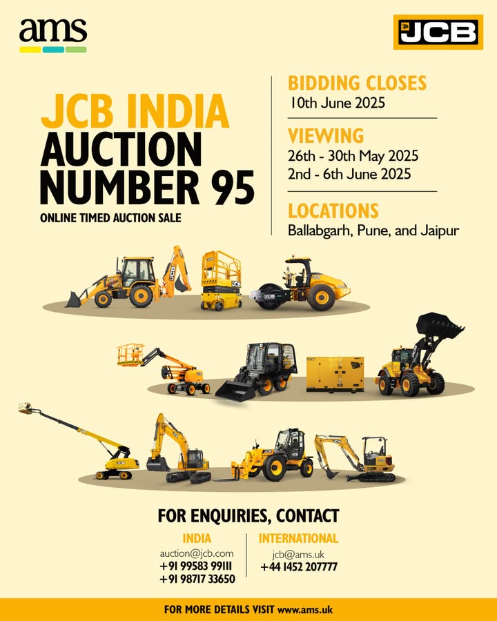Get ready for JCB India Auction No. 95 a golden opportunity to own trusted JCB machines at unbeatable prices. Bidding closes on Tuesday, 10th June 2025 Get ready for JCB India Auction No. 95 a golden opportunity to own trusted JCB machines at unbeatable prices