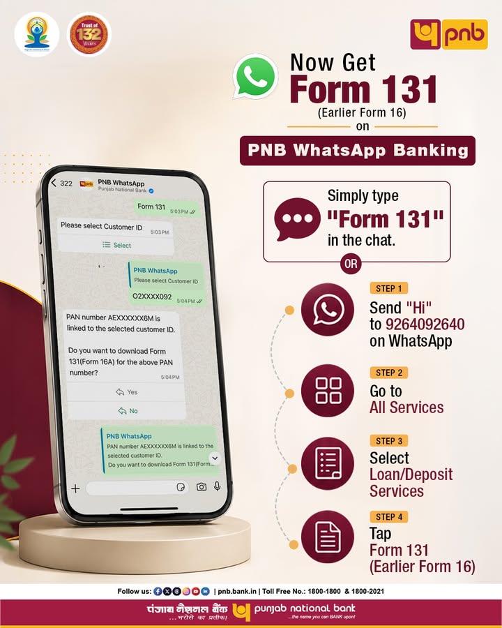 Another step in making banking more accessible Now get Form131 earlier Form 16 on WhatsApp