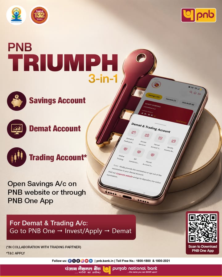 With the PNB Triumph 3 in 1 Account, enjoy the convenience of linking your Savings, Demat and Trading Accounts into one expe...