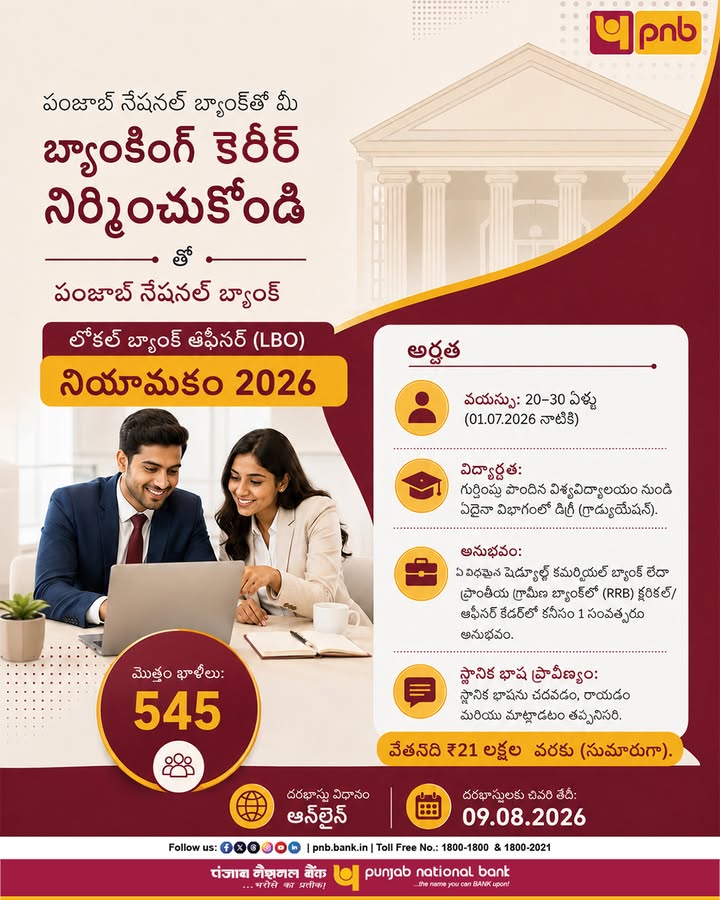 Applications are invited for 545 Local Bank Officer LBO vacancies at Punjab National Bank
