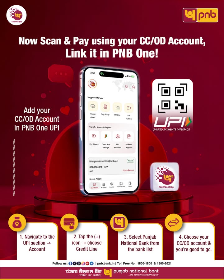UPI payments are more flexible with PNB One Link your CC OD account once and enjoy seamless access to your funds through Cr...