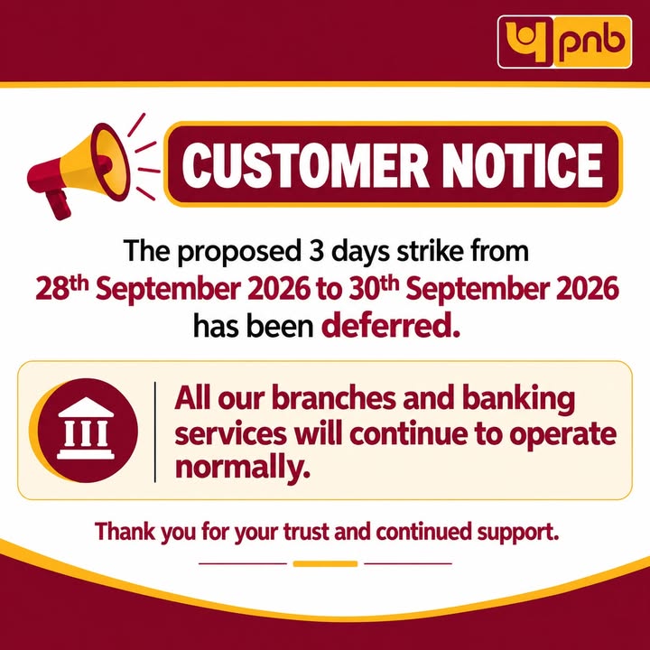 The proposed Bank strike scheduled from 28th to 30th September 2026 has been deferred