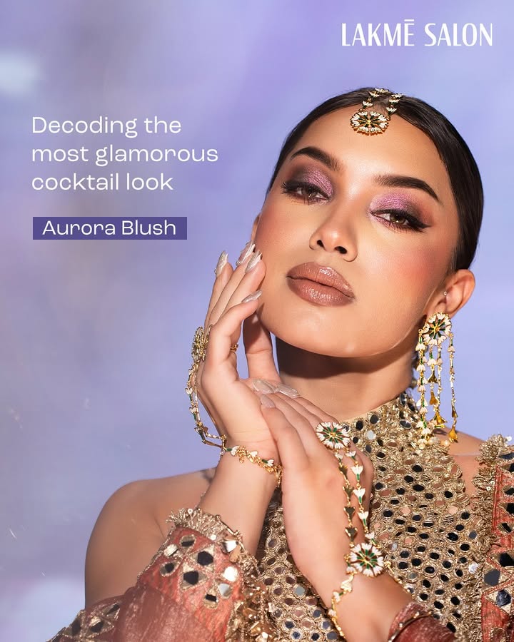 NOOR Signature Bridal Collection AURORA BLUSH Molten chrome lids, velvet glossed skin, and nude lips with a f...