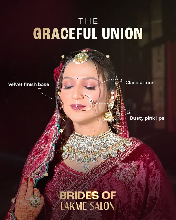 Heres Monica, our bride glowing in a soft, luminous base that sets the tone, while a bold maroon lip makes the statement