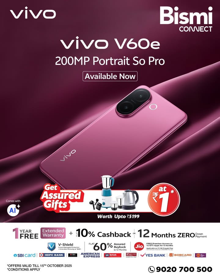 The wait is over Capture every detail with the all new vivo V60e 200MP Portrait So Pro Now available at Bismi Connect...