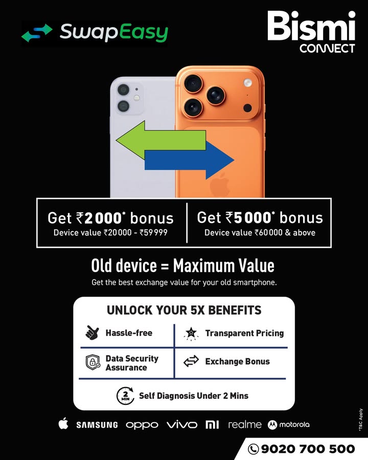 Upgrade Smart, Swap Easy Get up to 5000 bonus when you exchange your old phone at Bismi Connect.