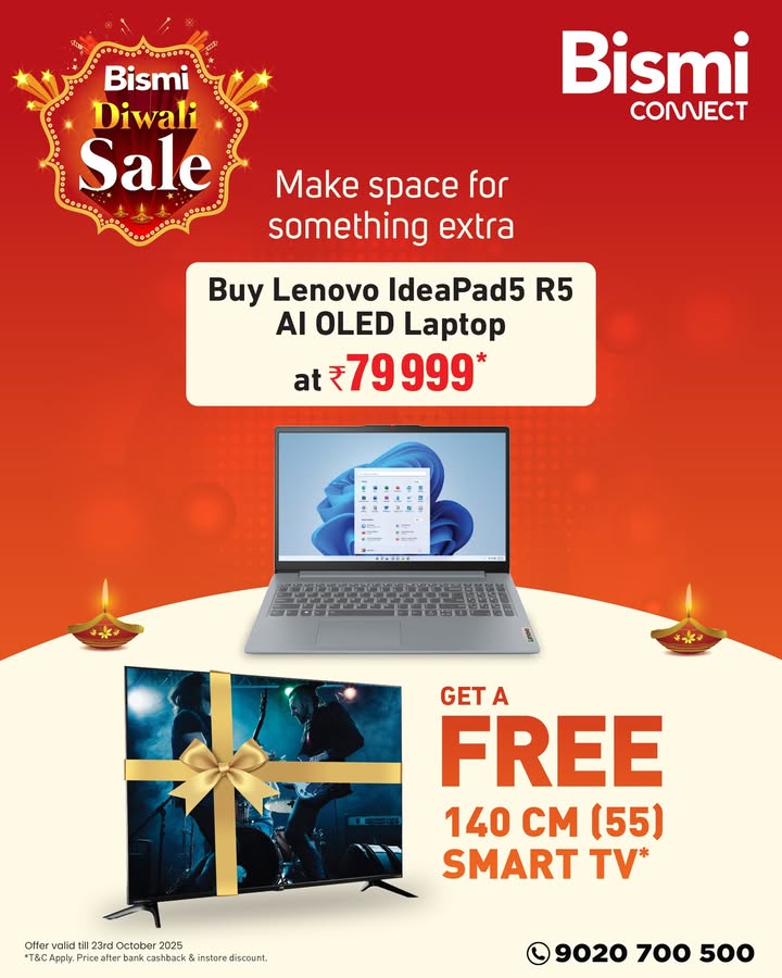 Bismi Diwali Sale is here Get a FREE 55 140 cm Smart TV with your new Lenovo IdeaPad5 R5 AI OLED Laptop  Bismi Diwali Sale is here Get a FREE 55 140 cm Smart TV with your new Lenovo IdeaPad5 R5 AI OLED Laptop