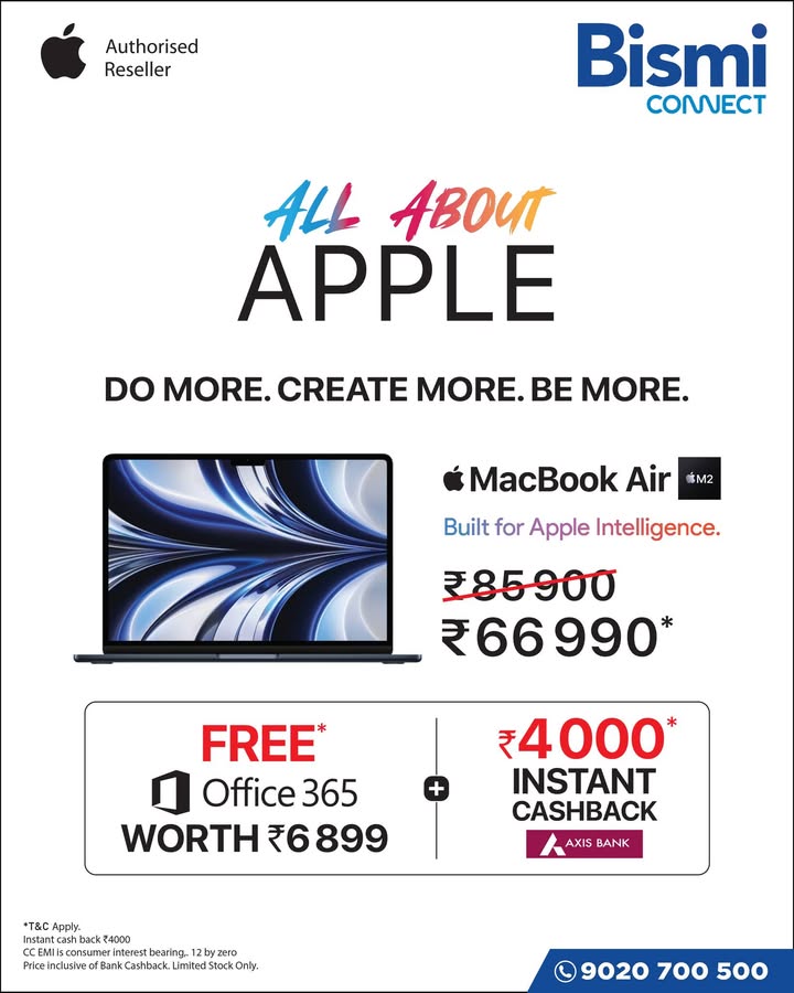 Your Apple upgrade starts at Bismi Connect MacBook Air M2 now at 64,990 with student benefits instant cashback