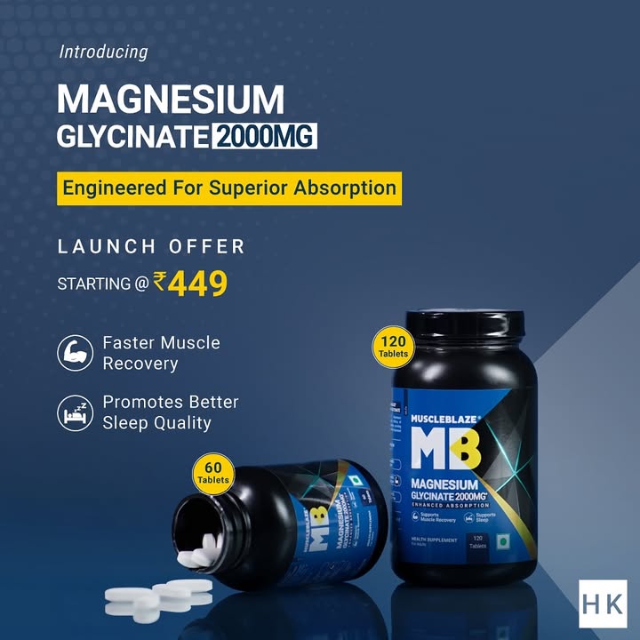 Introducing MuscleBlaze Magnesium Glycinate 2000mg Engineered for Superior Absorption Supports Faster Muscle Recove...