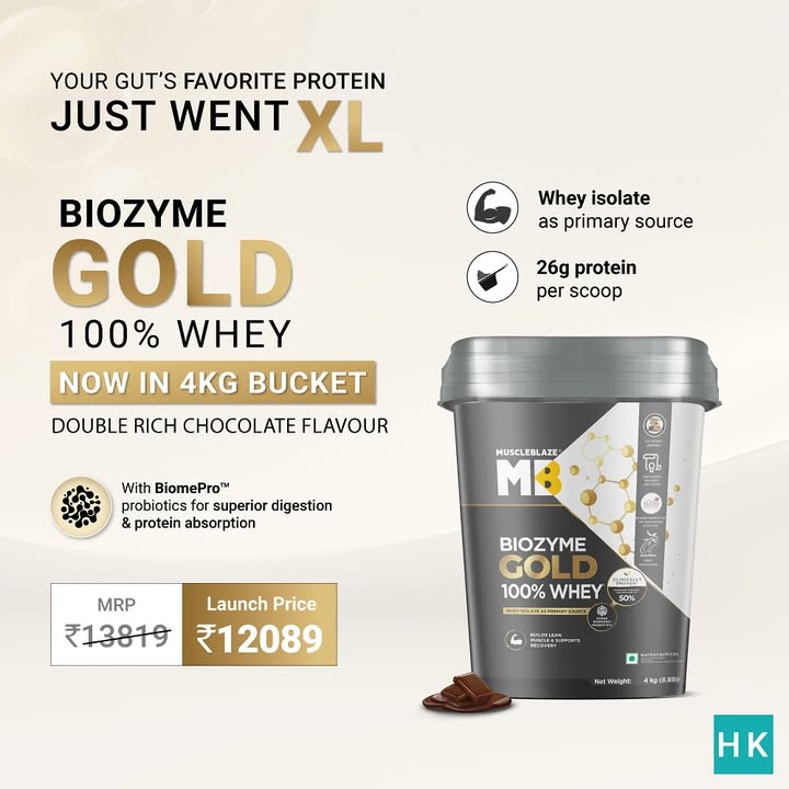 Go XL or go home Your gut s favourite Biozyme Gold 100 Whey just got bigger now in a 4KG bucket 26g Protein ...