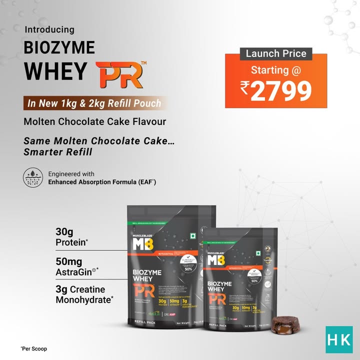 Introducing the all new Biozyme Whey PR Molten Chocolate Cake flavour in smart refill packs 30g protein 3g creat...