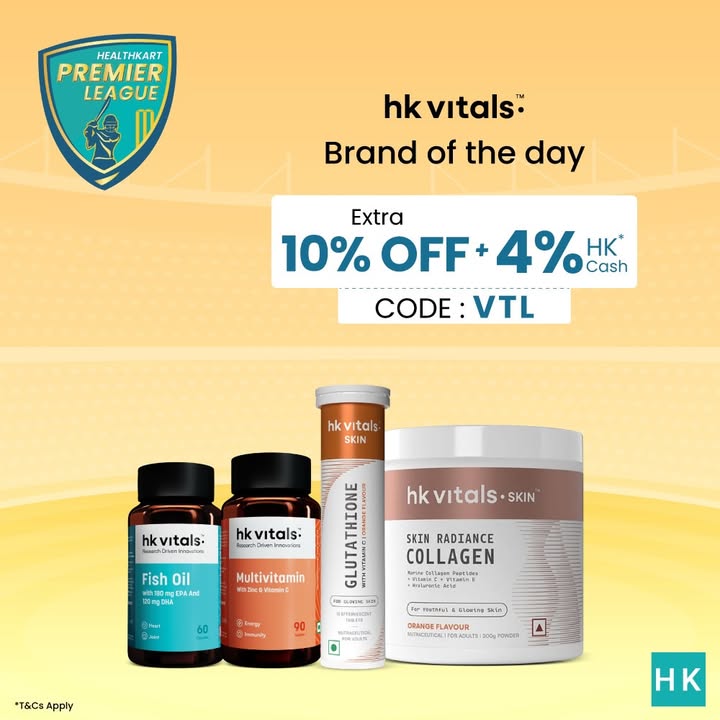 HealthKart Premier League is LIVE Strike a 6 for your health with hk vitals Multivitamins, Fish Oil, Colla...