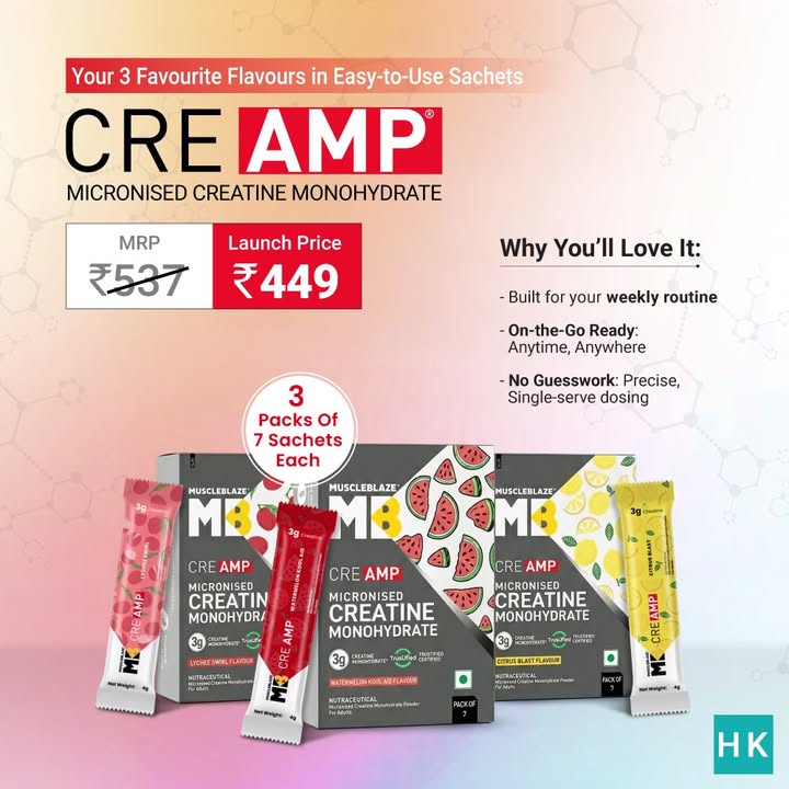  Meet your new routine essential. MuscleBlaze CreAMP, now in easy to use sachets. 3 flavours. Precise 3g dosing