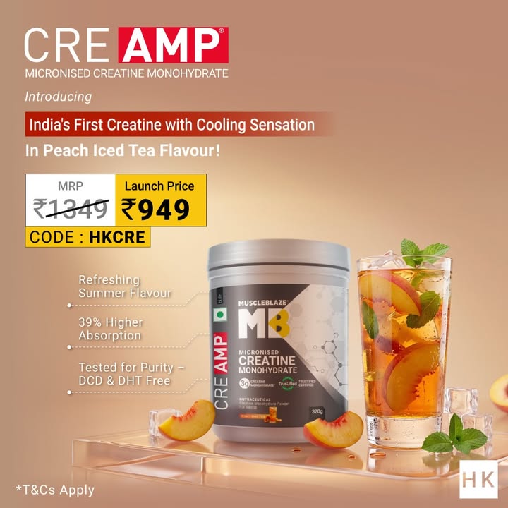 Indias first creatine with a cooling sensation is finally here Meet CREAMP Peach Iced Tea refreshing flavour, 39 ...