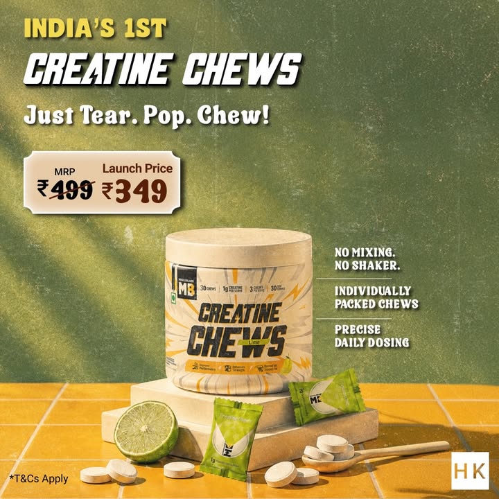 Big on performance. Tiny on size. Meet MuscleBlaze Creatine Chews your daily creatine in a compact, convenient format