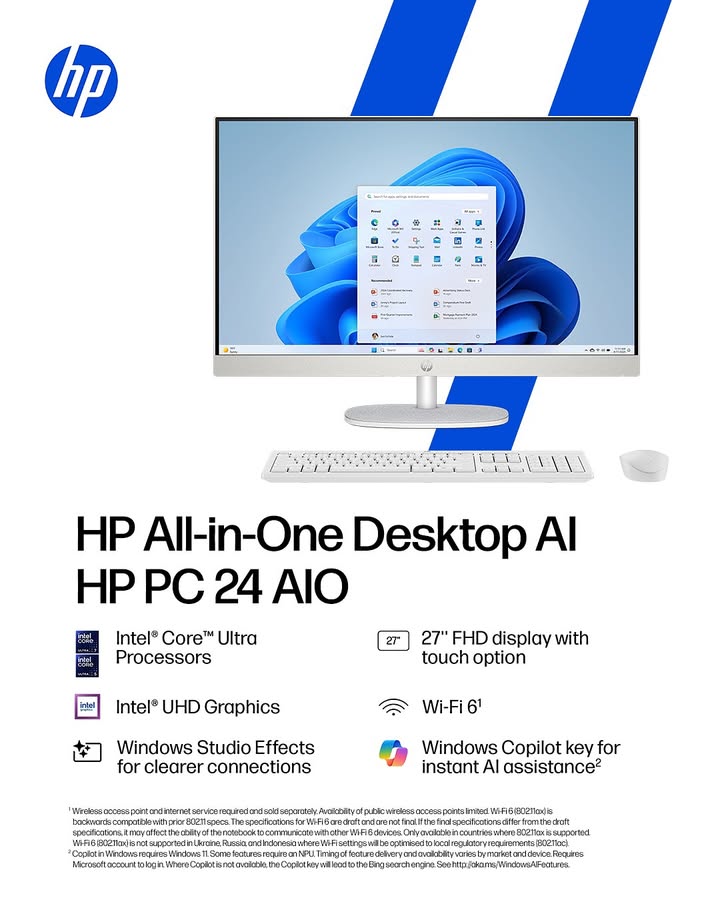 Satu perangkat, seribu kemungkinan HP PC 24 AIO hadir dengan prosesor Intel Core Ultra bertenaga AI, layar FHD ...
