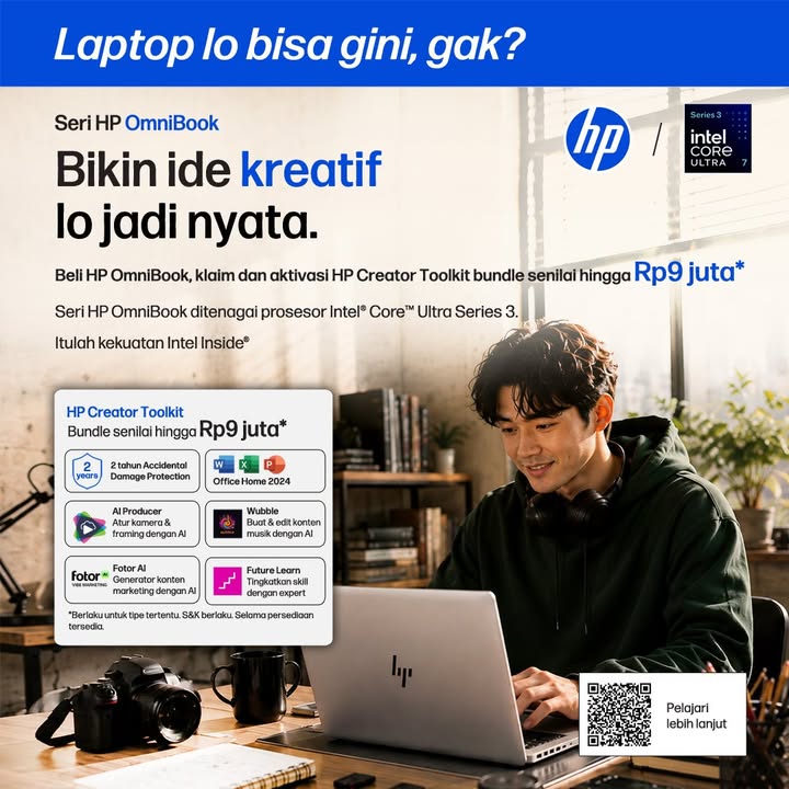 Laptop lo bisa gini, gak Ubah ide kreatif lo jadi petualangan berikutnya bersama HP OmniBook yang ditenagai prosesor Intel...