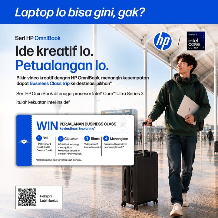 Laptop lo bisa gini, gak Ubah ide kreatif lo jadi petualangan berikutnya bersama HP OmniBook yang ditenagai prosesor Intel ...