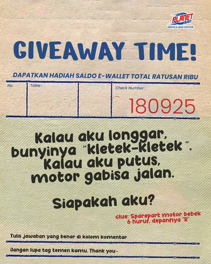 GIVEAWAY BERHADIAH SALDO E WALLET Tebak nama sparepart motor bebek ini dan menangkan kesempatan mendapatkan hadiah sal...