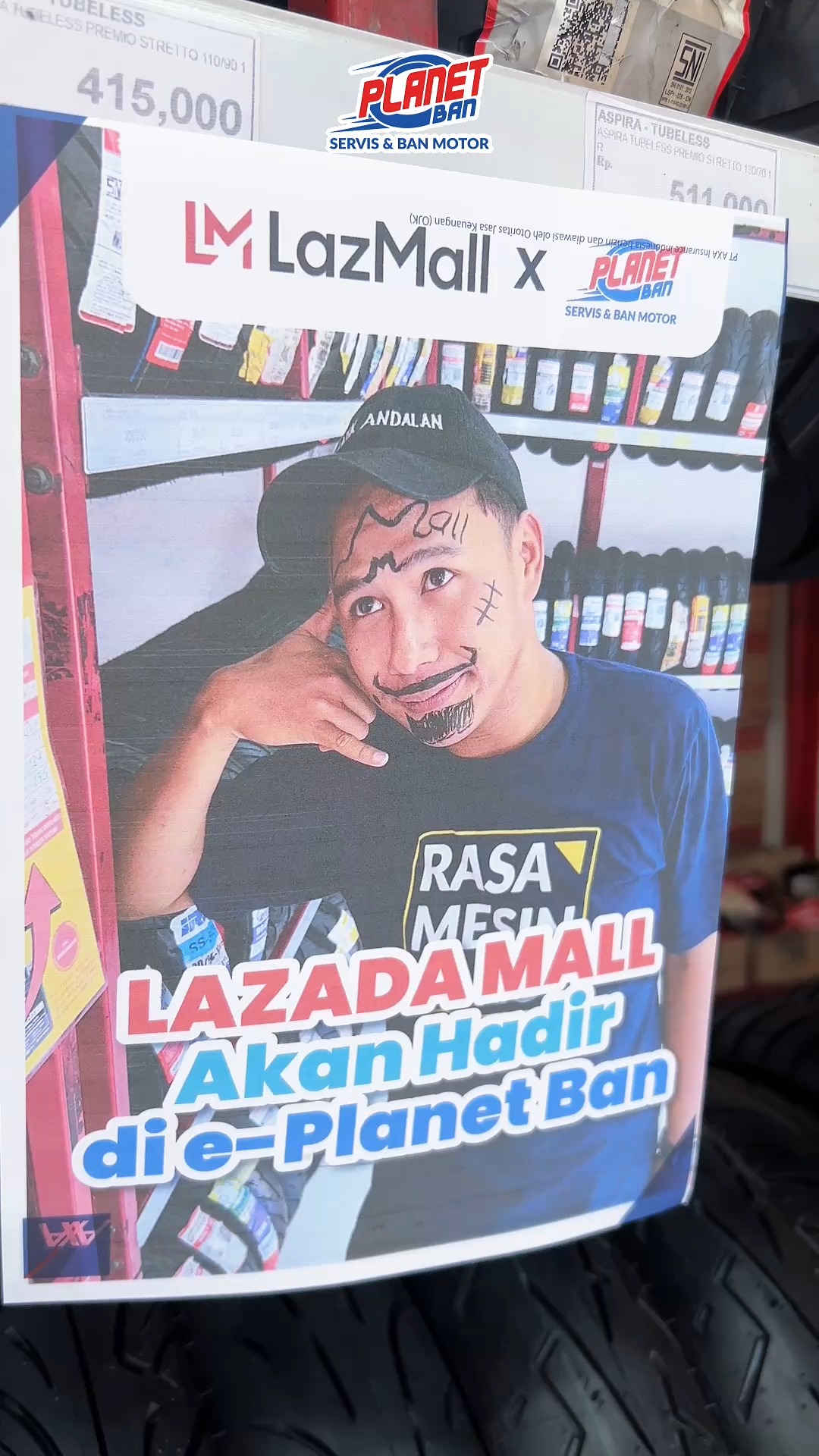 LAZADA MALL Sekarang Hadir di e Planet Ban Cari ban baru atau part motor asli jadi makin gampang Karena d...