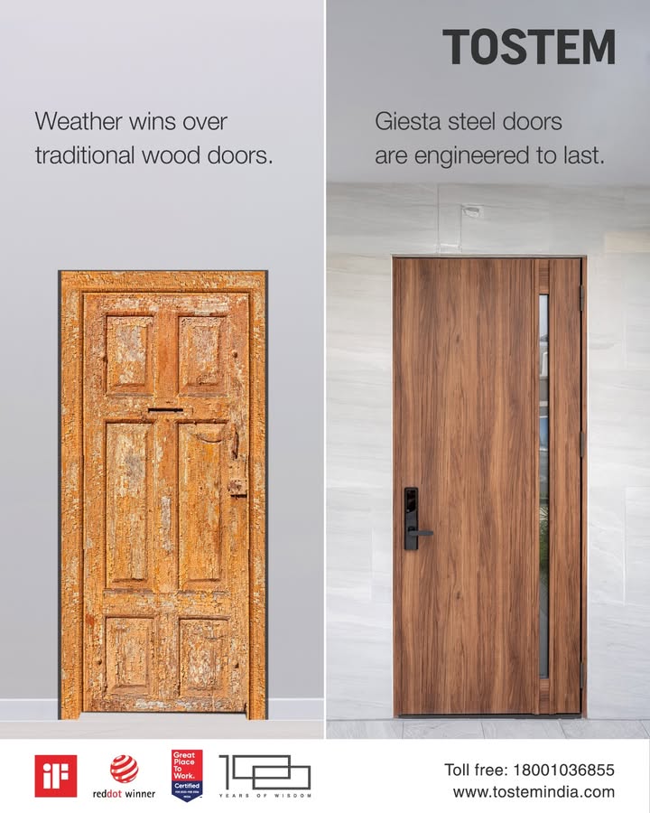 Weather can slowly wear down traditional wooden doors, affecting both appearance and durability over time