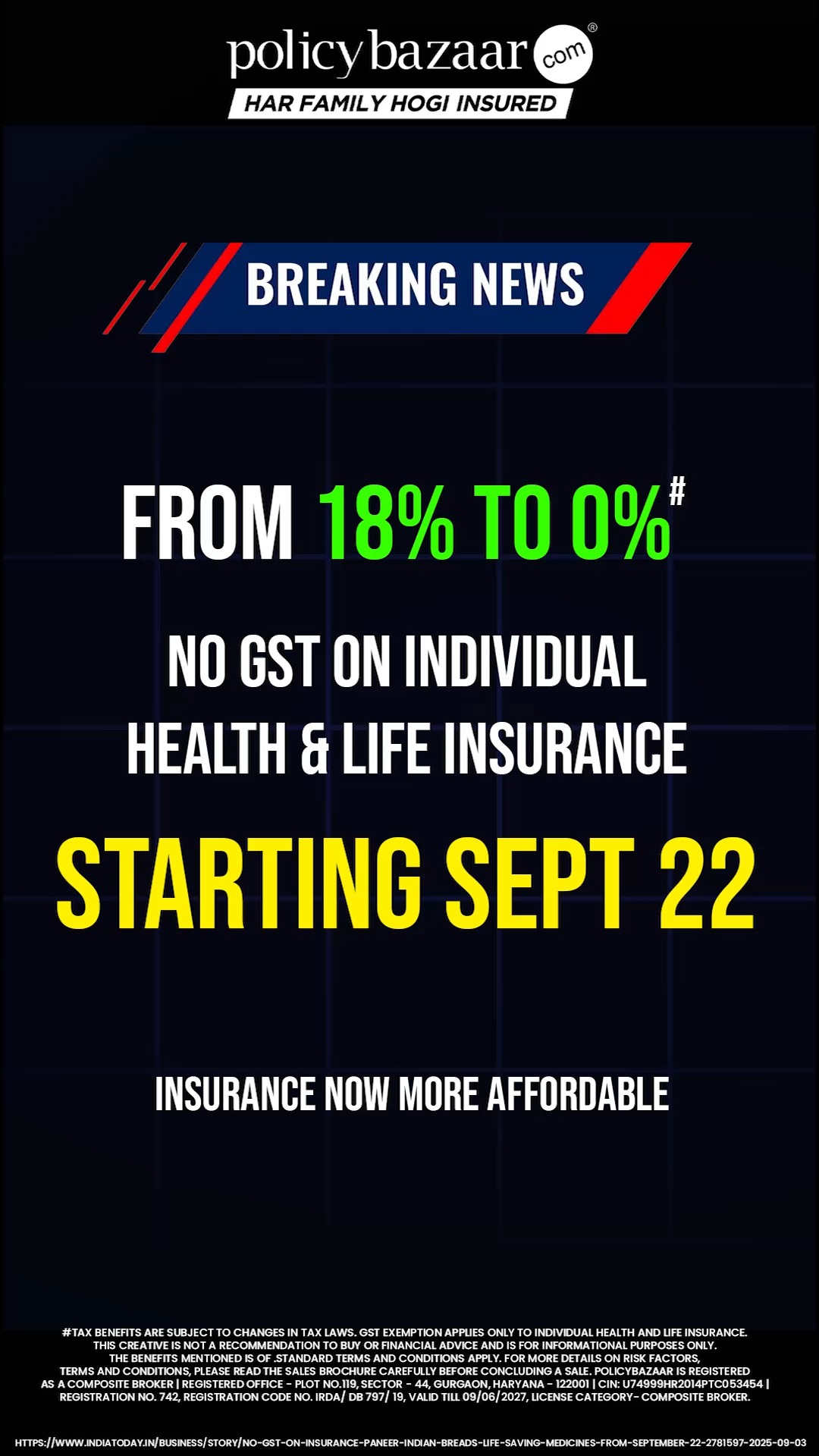 Starting Sept 22, there will be 0 GST on individual health life insurance reduced from 18 This landmark move makes in...