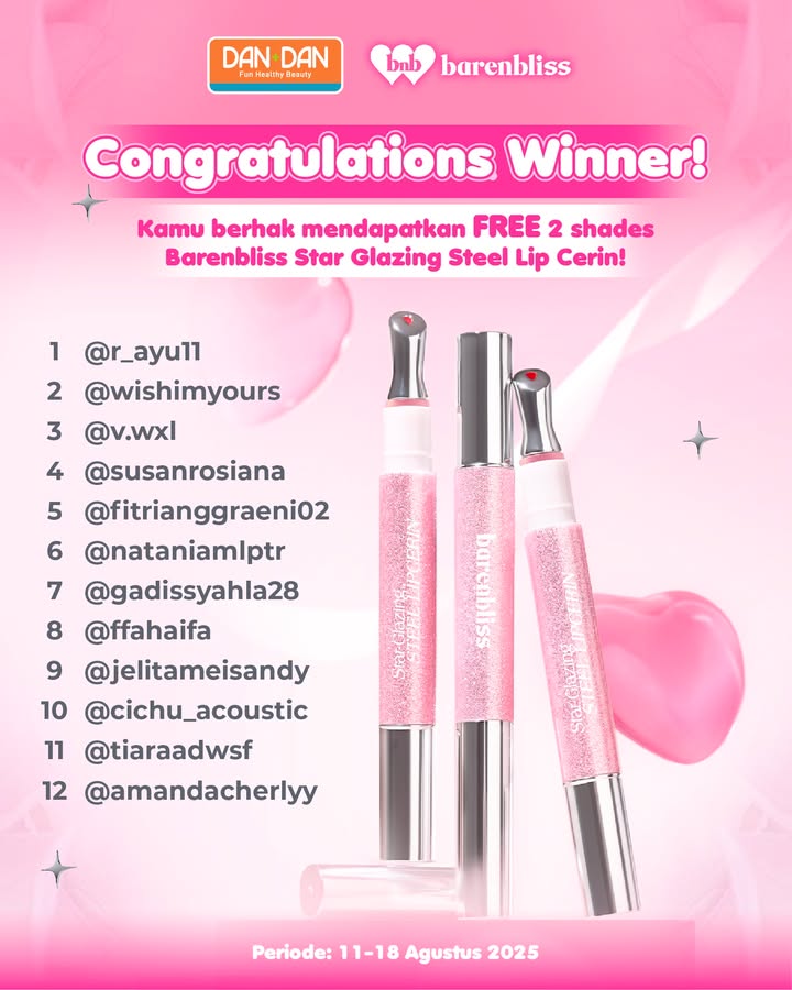 CONGRATULATIONS pemenang Giveaway Dan Dan x barenbliss id Jangan lupa DM dandan indonesia untuk klaim hadiahnya...