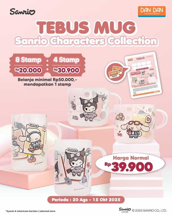 Koleksi Mug Sanrio favoritmu dengan harga mulai dari 20ribuan aja Caranya 1. Belanja minimal 50k di Dan Dan terdekat untuk dapatkan 1 stamp 2. Minta kertas untuk mengumpulkan stamp ke kasir 3 Koleksi Mug Sanrio favoritmu dengan harga mulai dari 20ribuan aja Caranya 1