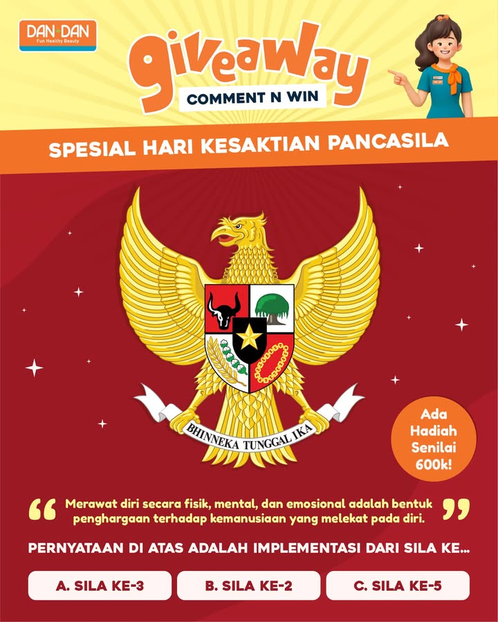 Selamat Hari Kesaktian Pancasila, dandanlovers Sambil rayain hari ini, mimin mau ajak kamu uji pengetahuan nih xixixi Hadiahnya hampers produk dari Dan Dan senilai 600k buat 2 pemenang beruntung Cara ikutannya 1 Selamat Hari Kesaktian Pancasila, dandanlovers Sambil rayain hari ini, mimin mau ajak kamu uji pengetahuan nih xixixi ...