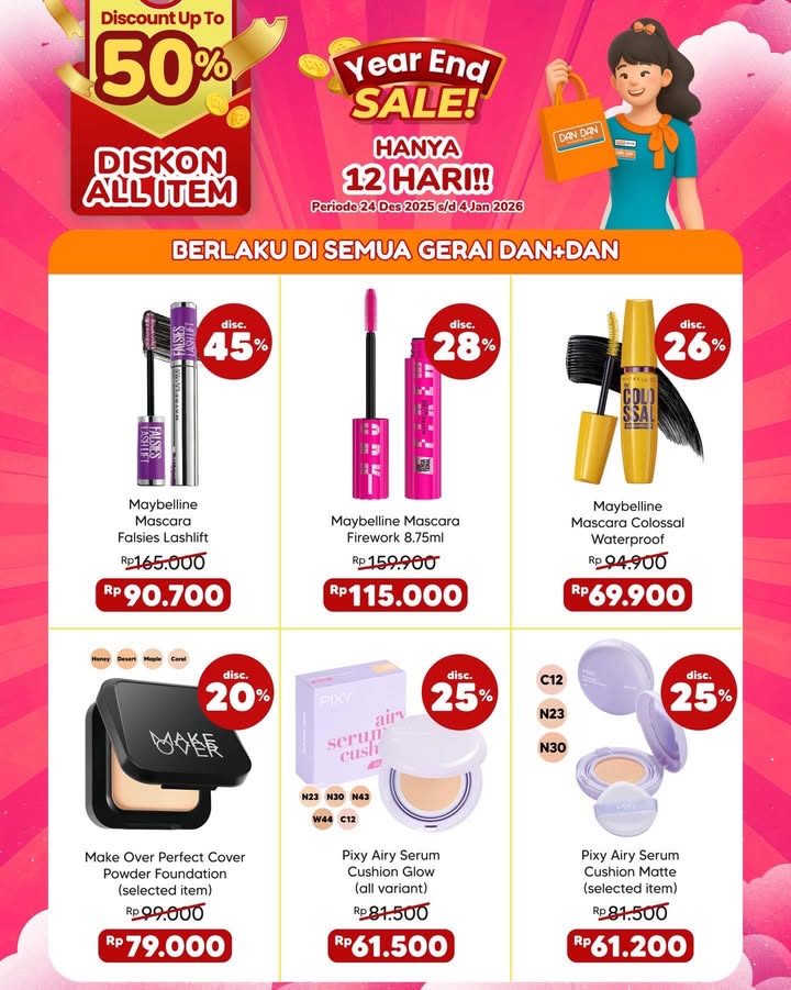 Masih ada kesempatan buat belanja hemat di promo Year End Sale Diskon sampai 50 di semua gerai Dan Dan untuk produk makeup...