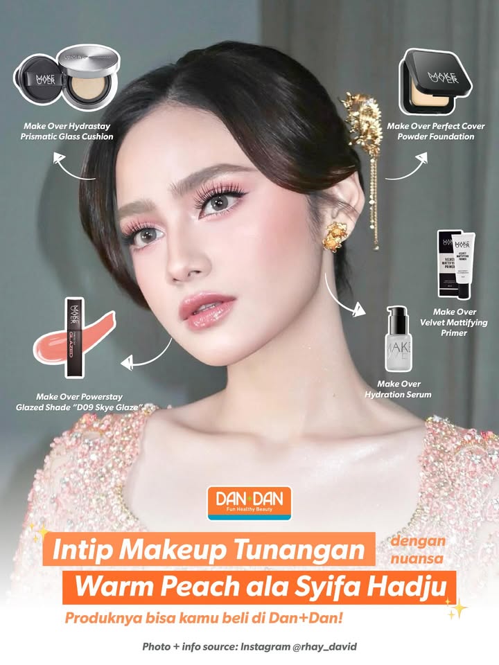 Makeup tunangan dengan sentuhan warm peach ala syifahadju by rhay david Base flawless, pipi merona, bibir glossy, simp...